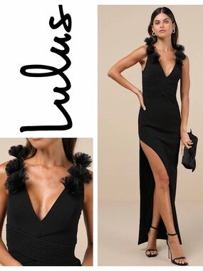 NWT Lulu’s Impressive Impact Black 3D Floral Pleated Sleeveless Maxi Dress Sz:XS